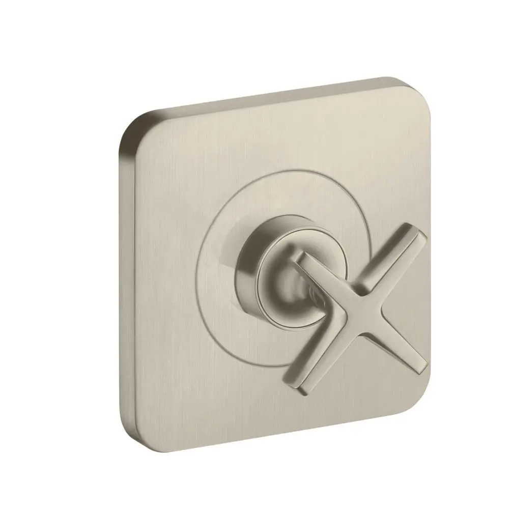 Axor Citterio E Absperrventil in gebürstetem Nickel, quadratische Montageschale mit einer kreisförmigen Mitte und einem Kreuzgriff zur Regulierung des Wasserdurchflusses.